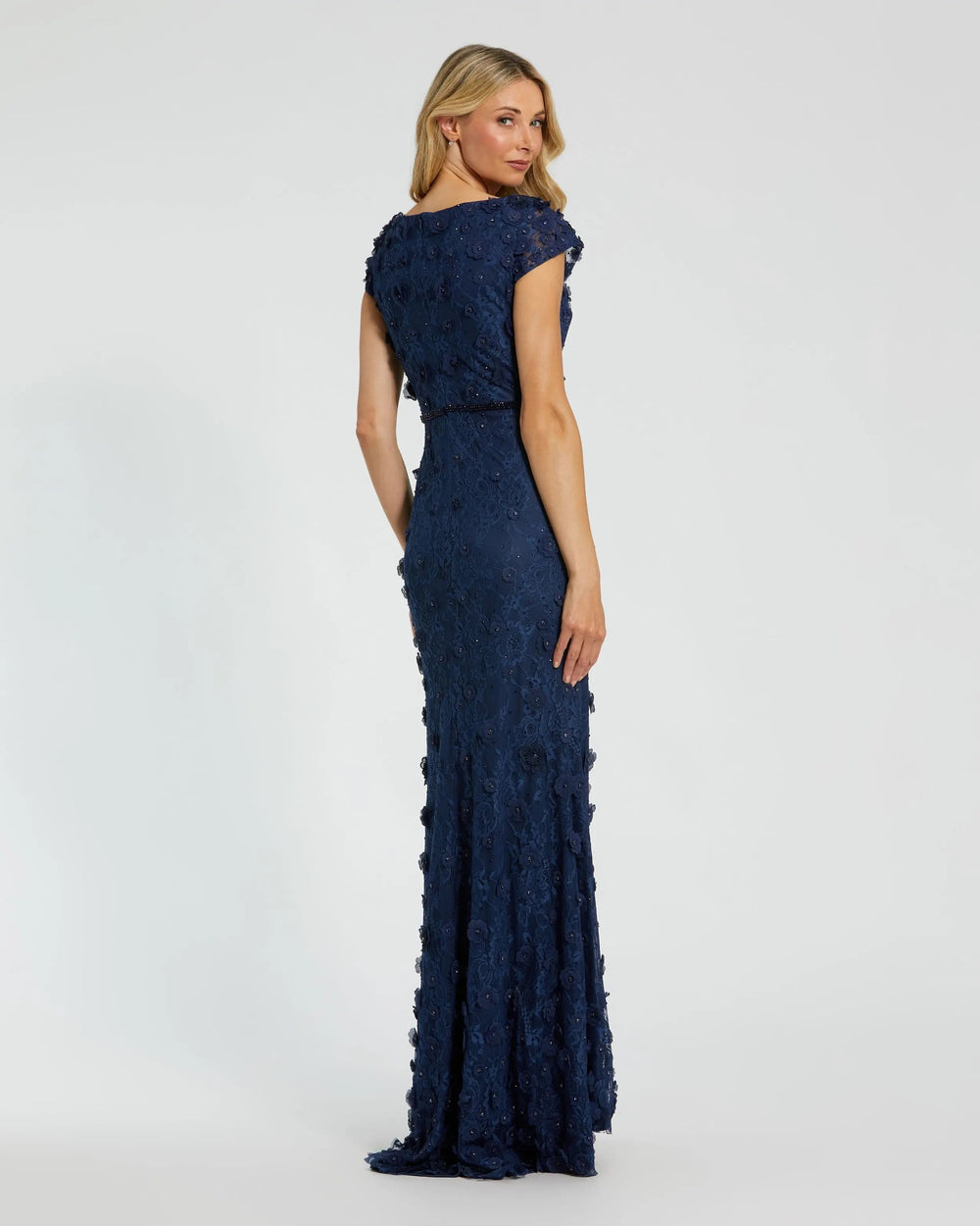 Navy Floral Applique Boat Neck Cap Sleeve Gown - FOSTANI.com
