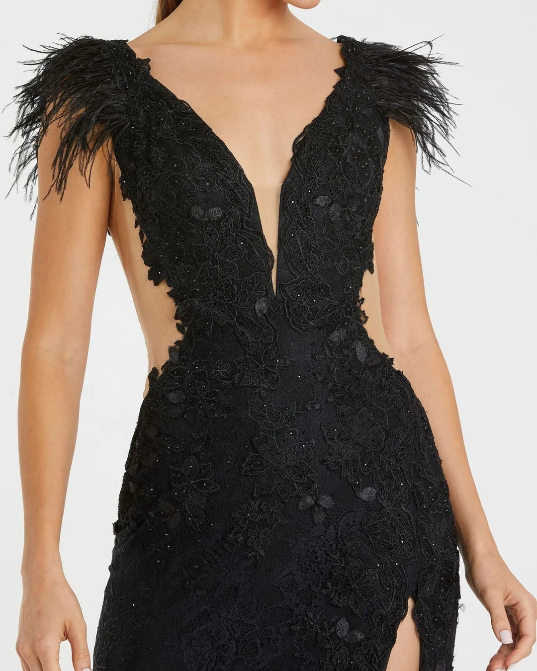 Mac Duggal 67782 Black Feather Cap Sleeve Lace Gown