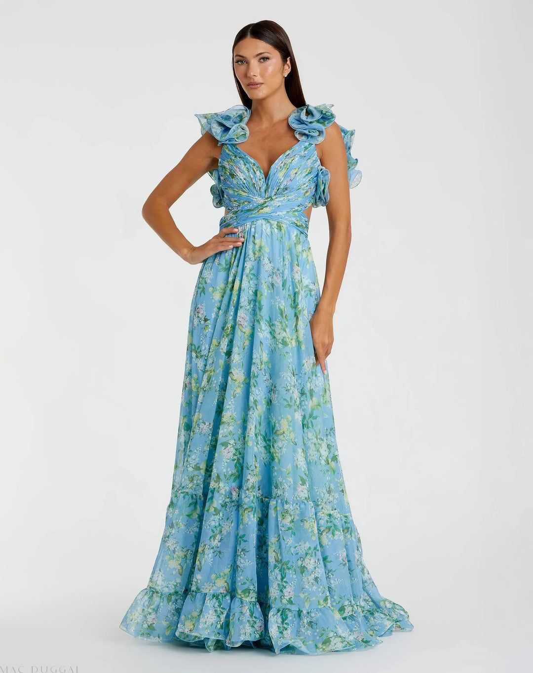 Blue Ruffle Tiered Floral Cut-Out Chiffon Gown - FOSTANI.com