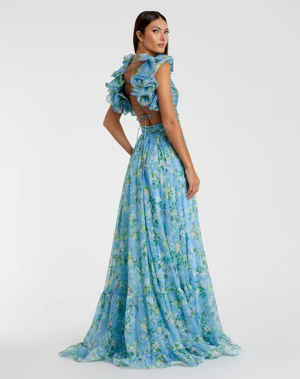 Blue Ruffle Tiered Floral Cut-Out Chiffon Gown - FOSTANI.com