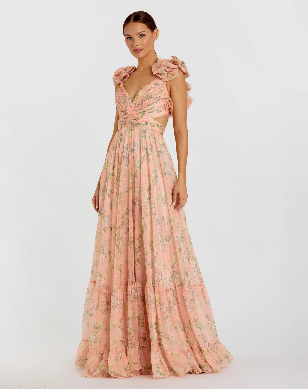 Pink Ruffle Tiered Floral Cut-Out Chiffon Gown - FOSTANI.com