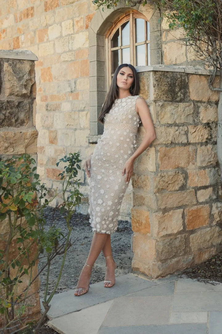 Nude Floral Applique Sleeveless Midi Dress - FOSTANI.com