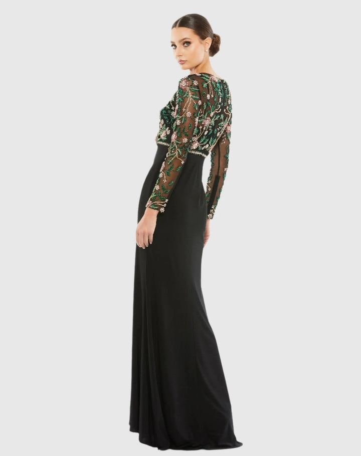 Mac Duggal 67870 Beaded Illusion High Neck Trumpet Gown