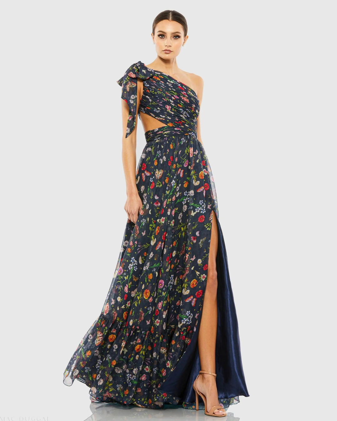 Navy Tied One Shoulder Cut-Out Flowy Gown - FOSTANI.com