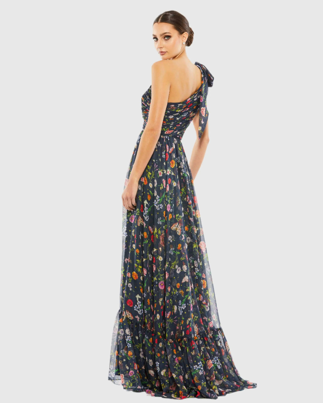 Navy Tied One Shoulder Cut-Out Flowy Gown - FOSTANI.com