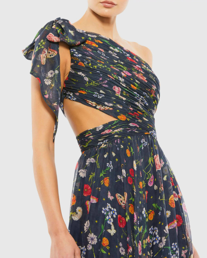 Navy Tied One Shoulder Cut-Out Flowy Gown - FOSTANI.com