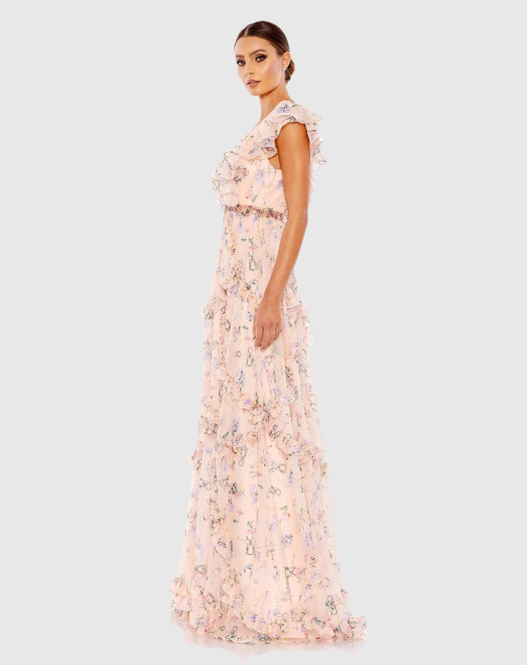 Mac Duggal 68090 Ruffled Floral Print Cap Sleeve Gown