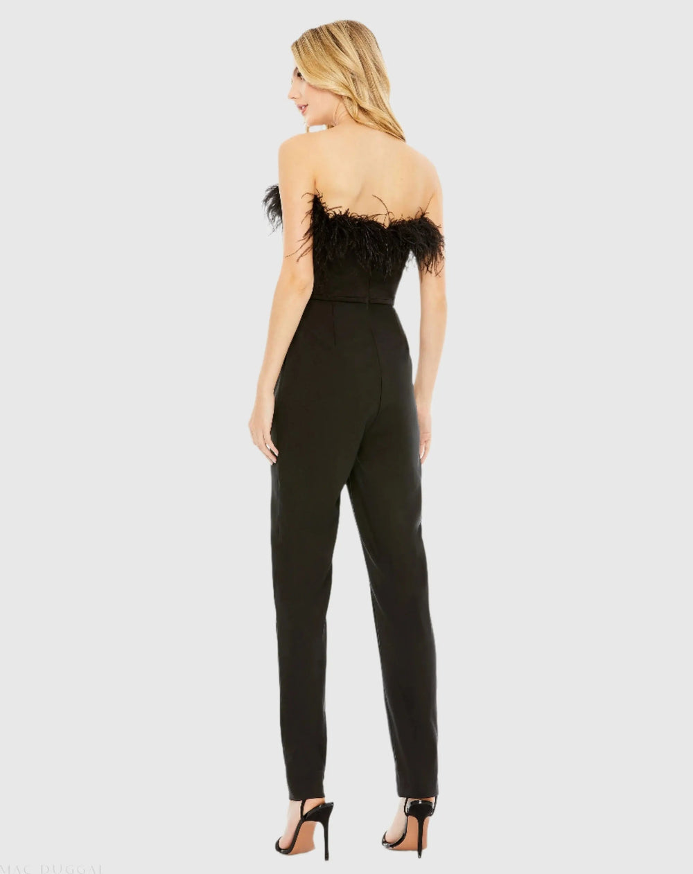 Mac Duggal 68146 Strapless Jumpsuit with Feather Trim