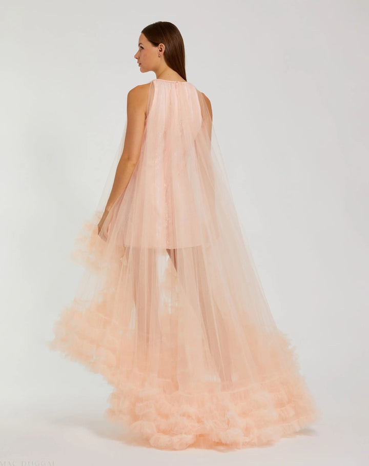 Mac Duggal 68252 Tulle High Neck Sleeveless Ruffled Hem Hi-Low Gown