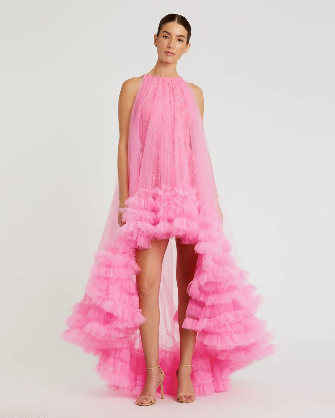Mac Duggal 68252 Tulle High Neck Sleeveless Ruffled Hem Hi-Low Gown