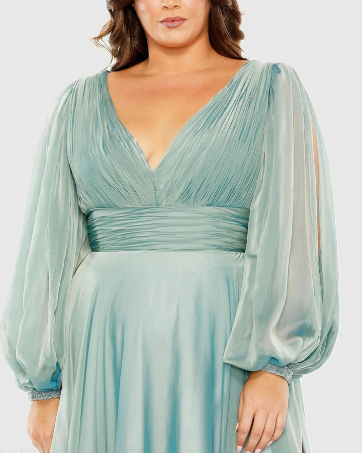 Mac Duggal 68431 Puff Sleeve w/ Embellished Cuff V Neck A Line Gown