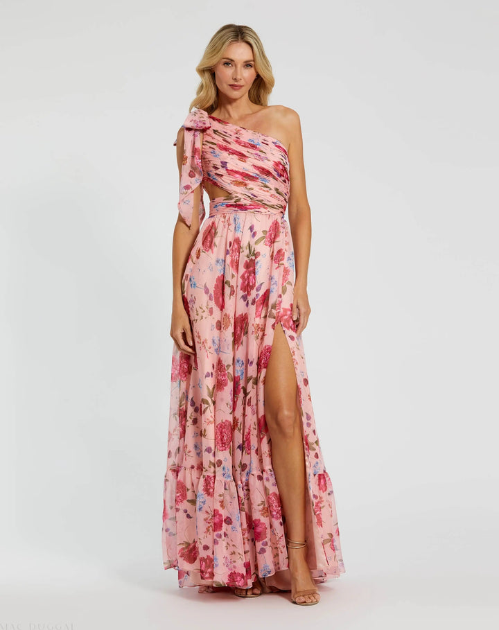 Pink One Shoulder Floral Printed Chiffon Side Cut Out Gown - FOSTANI.com