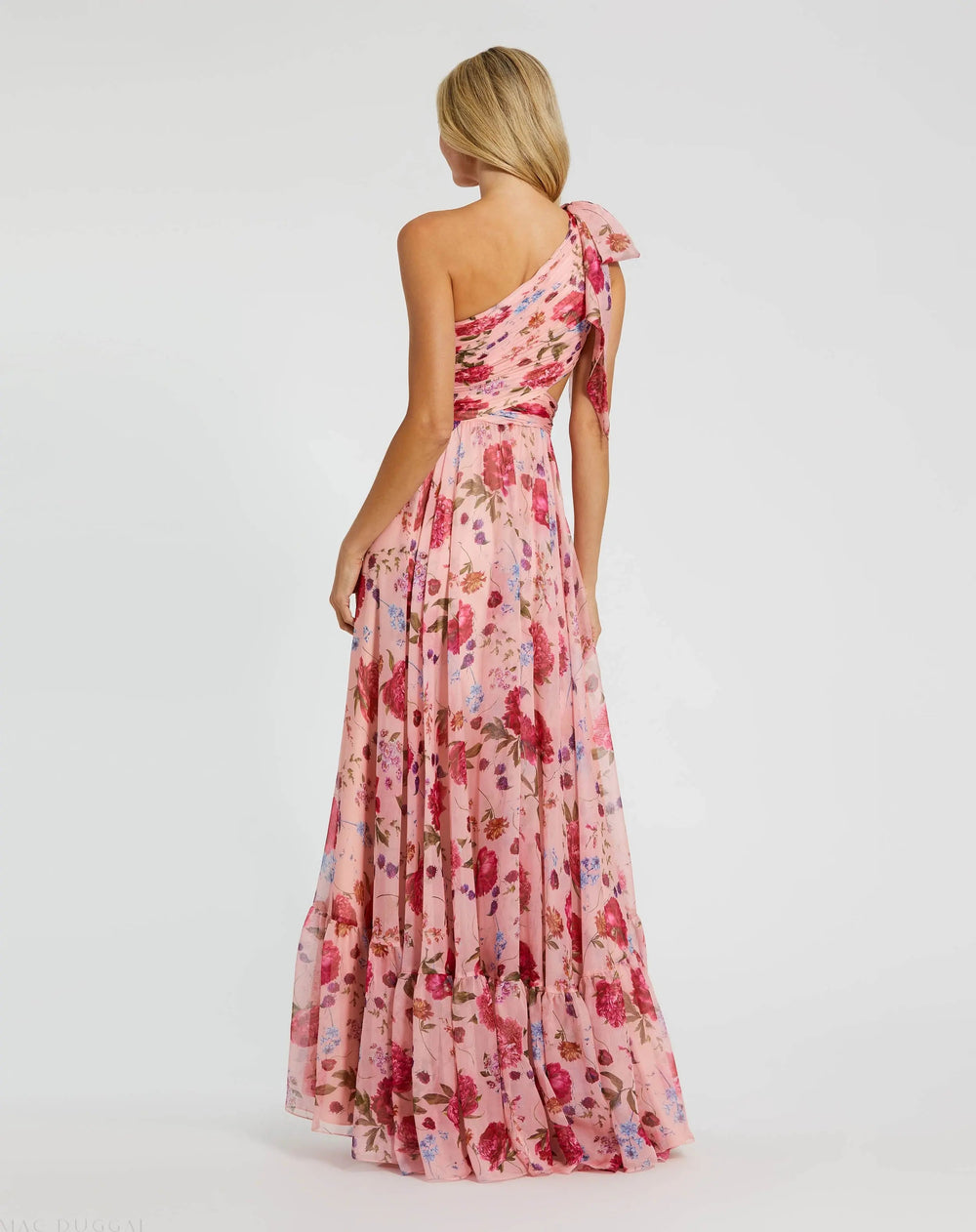 Pink One Shoulder Floral Printed Chiffon Side Cut Out Gown - FOSTANI.com