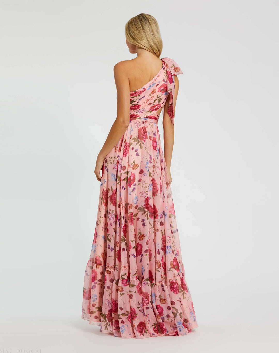Pink One Shoulder Floral Printed Chiffon Side Cut Out Gown - FOSTANI.com