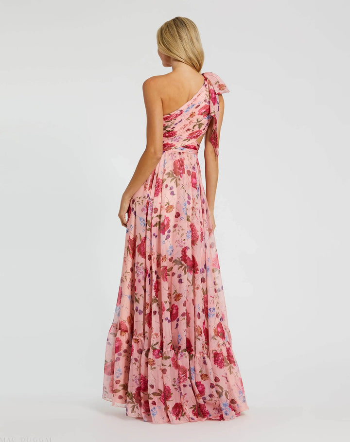 Pink One Shoulder Floral Printed Chiffon Side Cut Out Gown - FOSTANI.com