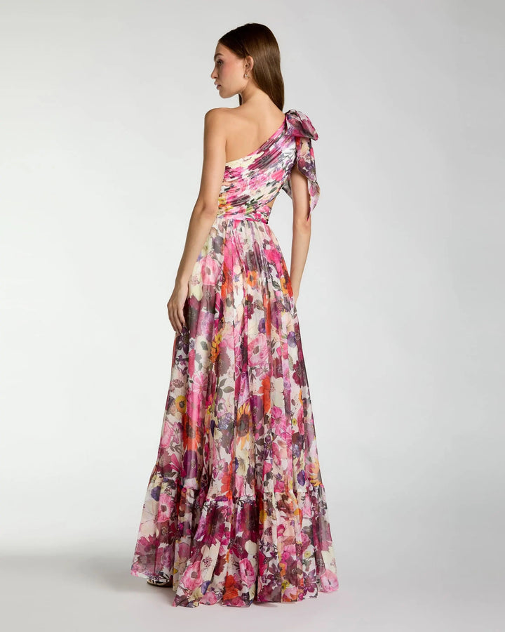 Multicolor One Shoulder Floral Printed Chiffon Side Cut Out Gown - FOSTANI.com
