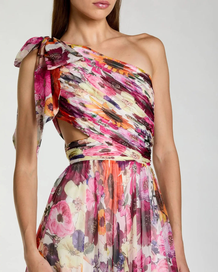 Multicolor One Shoulder Floral Printed Chiffon Side Cut Out Gown - FOSTANI.com