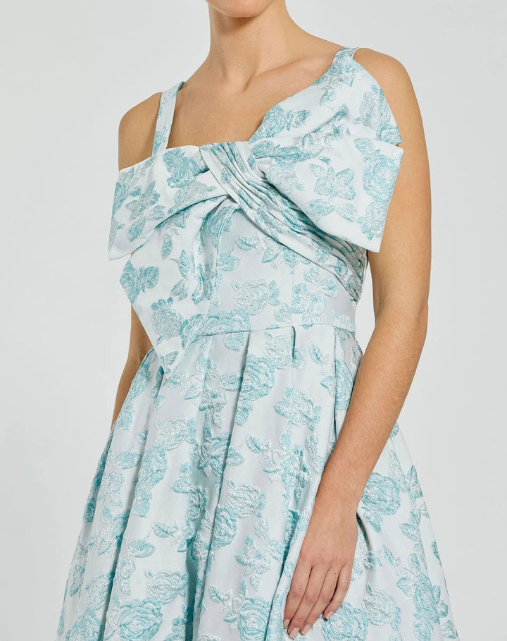 Mac Duggal 68616 Blue Sleeveless Large Bow Detail Floral Brocade Dress