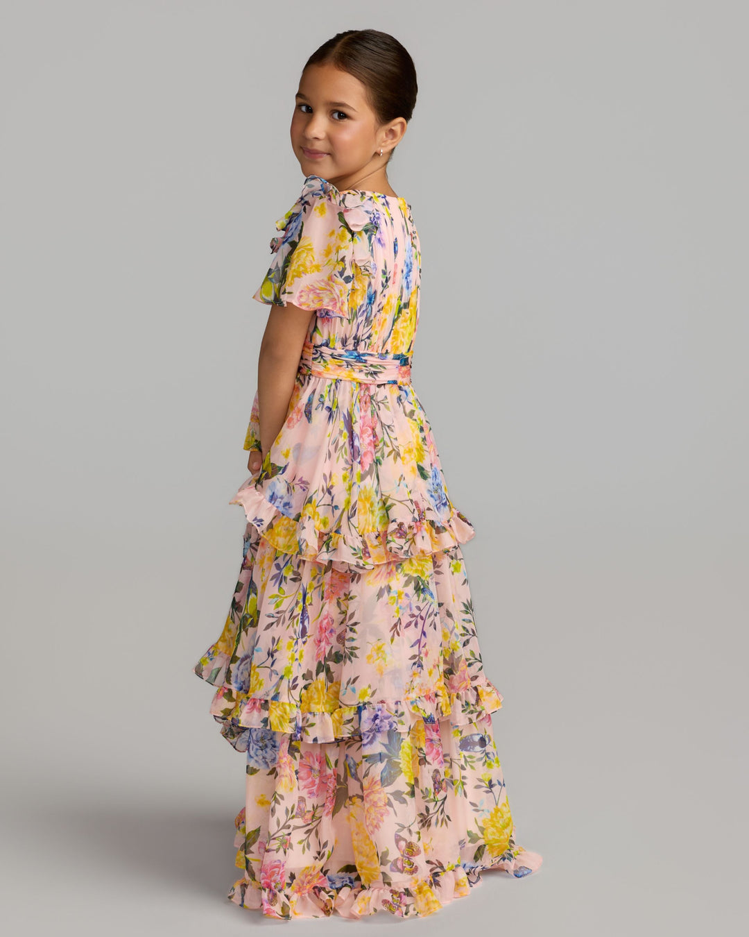 Mac Duggal 68664 Girls Floral Chiffon Tiered Ruffle Dress