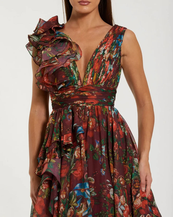 Mac Duggal 9948856P Petite Pink Ruffle Shoulder V-Neck Chiffon Gown