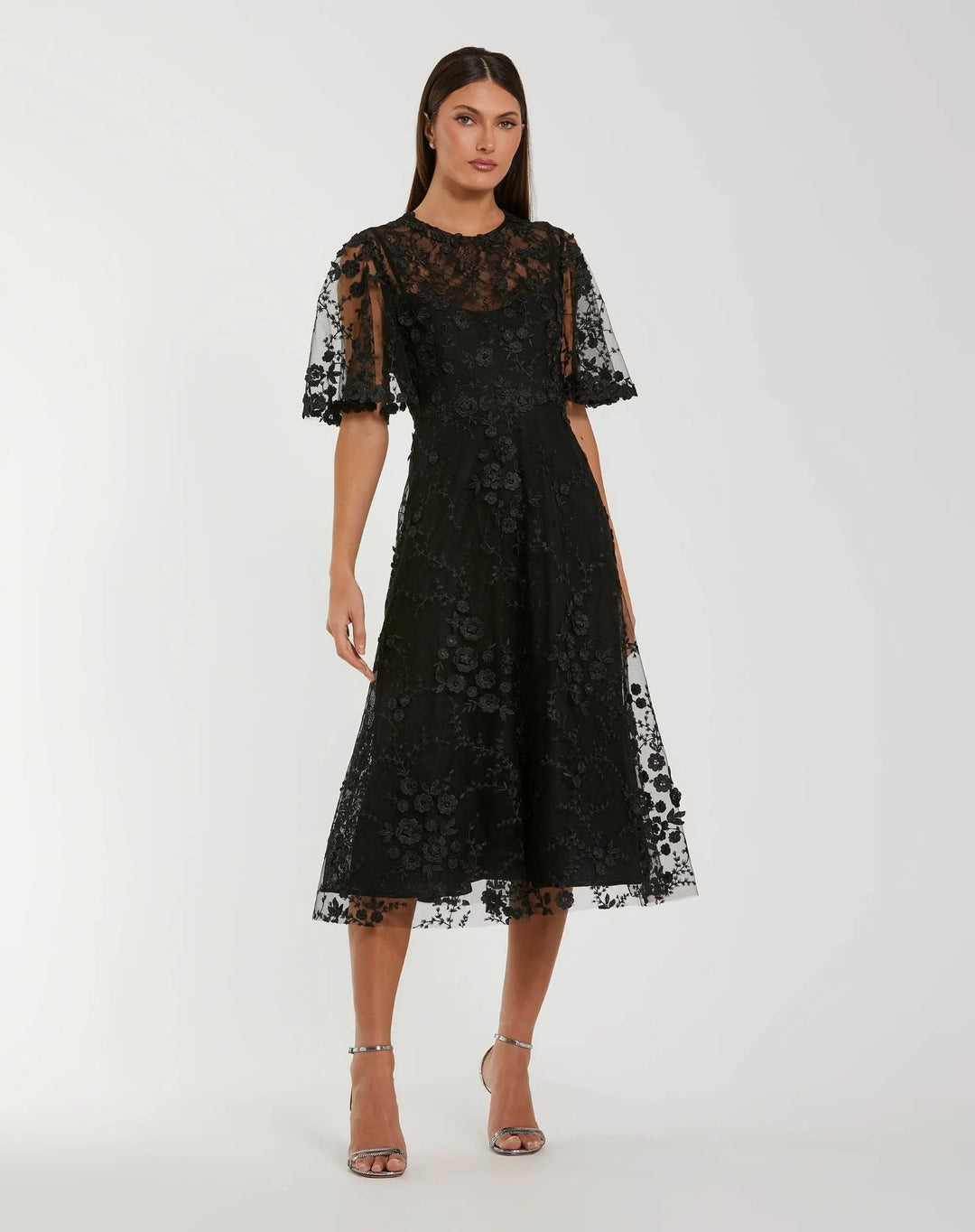 Floral Embroidered Mesh Midi Dress with Flutter Sleeves - FOSTANI.com