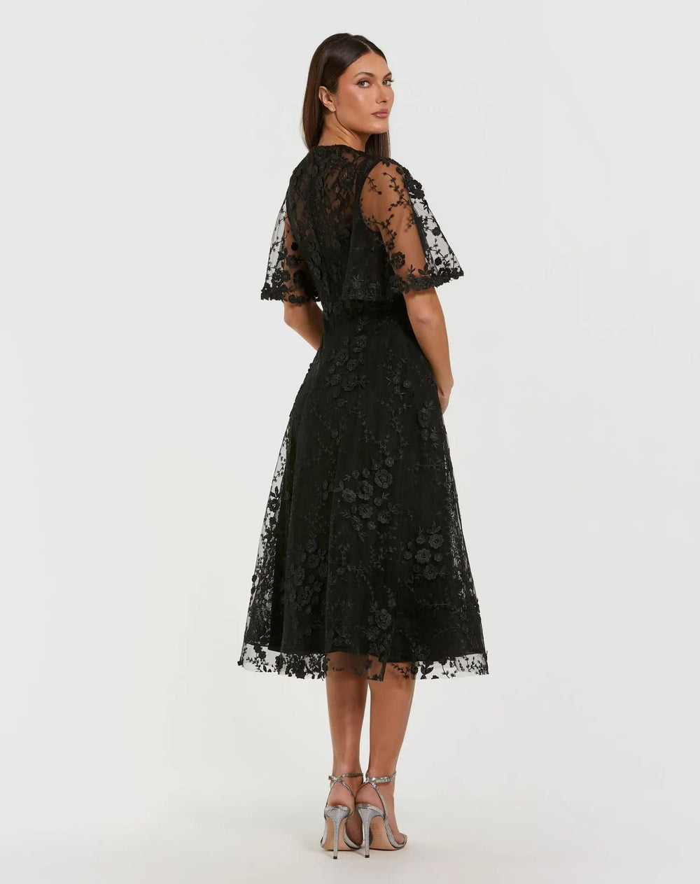 Floral Embroidered Mesh Midi Dress with Flutter Sleeves - FOSTANI.com