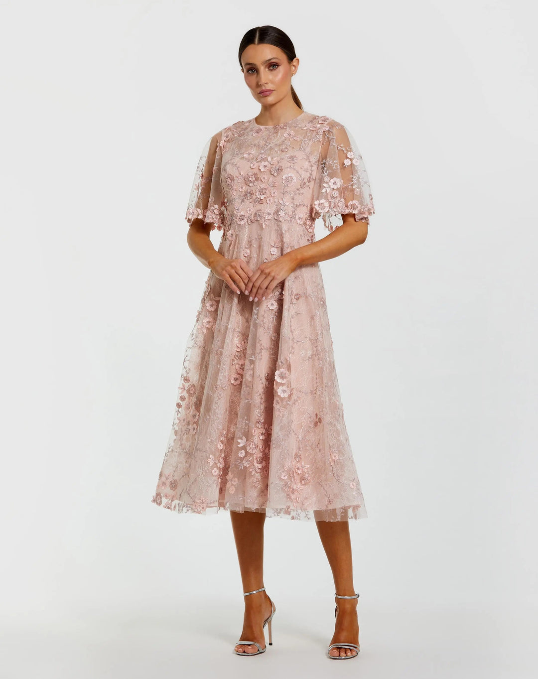 Pink Flutter Sleeve Embroidered Midi Dress - FOSTANI.com