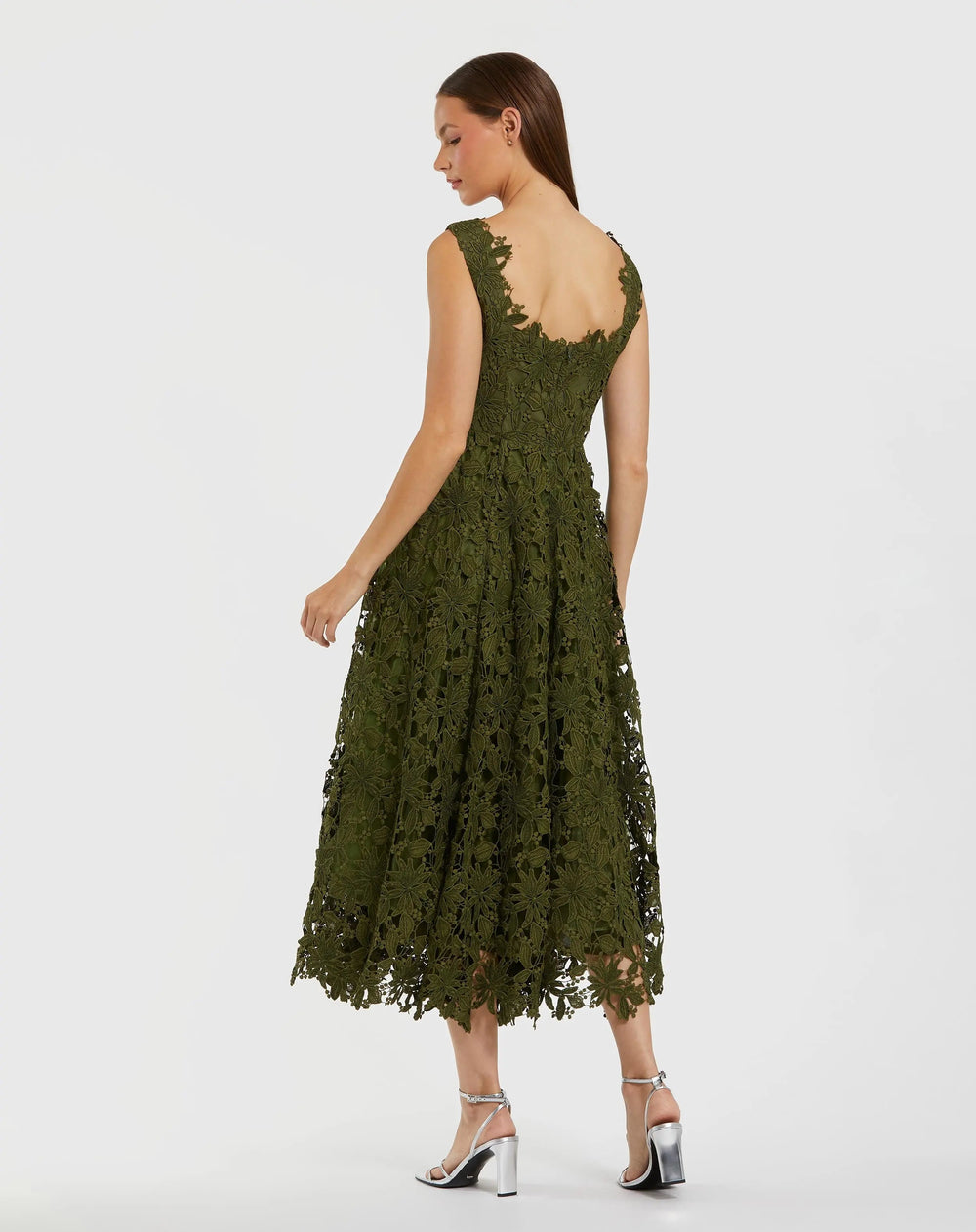 Green Sleeveless Embroidered Lace A Line Midi Dress - FOSTANI.com