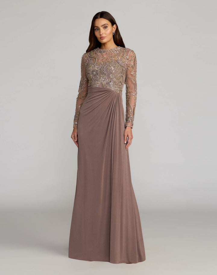 Mac Duggal 69121 Brown Embroidered Illusion Long Sleeve Draped Gown