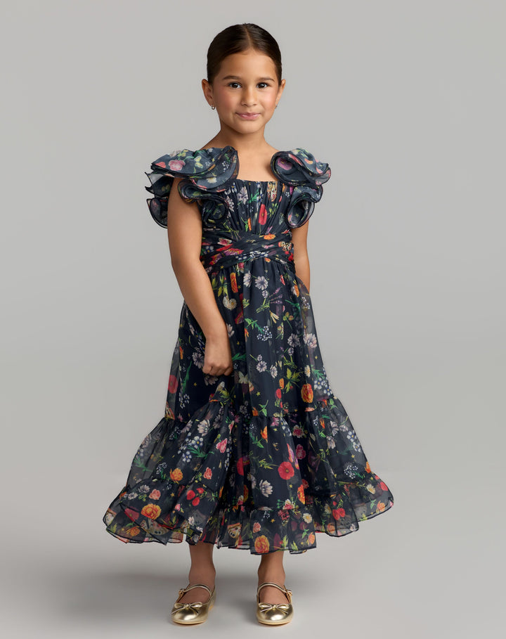 Mac Duggal 69170 Girls Floral Chiffon Ruffle Shoulder Dress