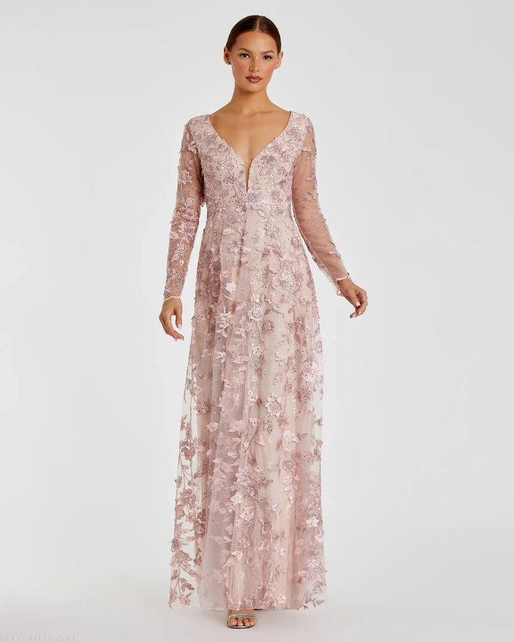 Pink Floral Applique Long Sleeve Illusion Gown - FOSTANI.com