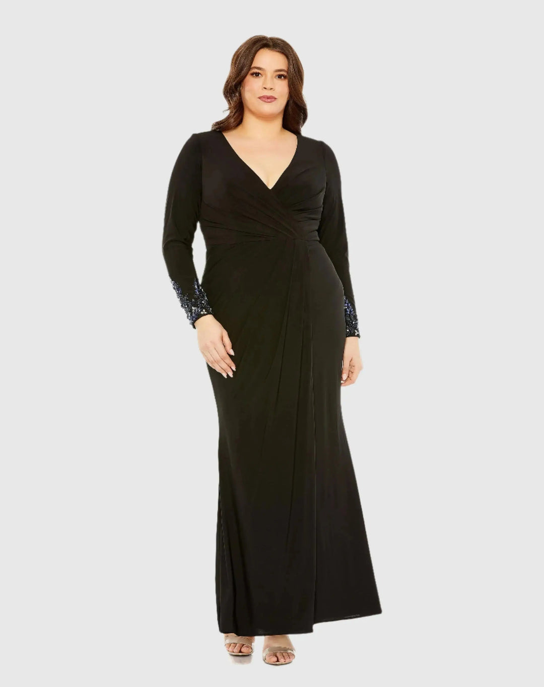 Mac Duggal 77024 Green Long Crystal Detail Sleeve V Neck Gown