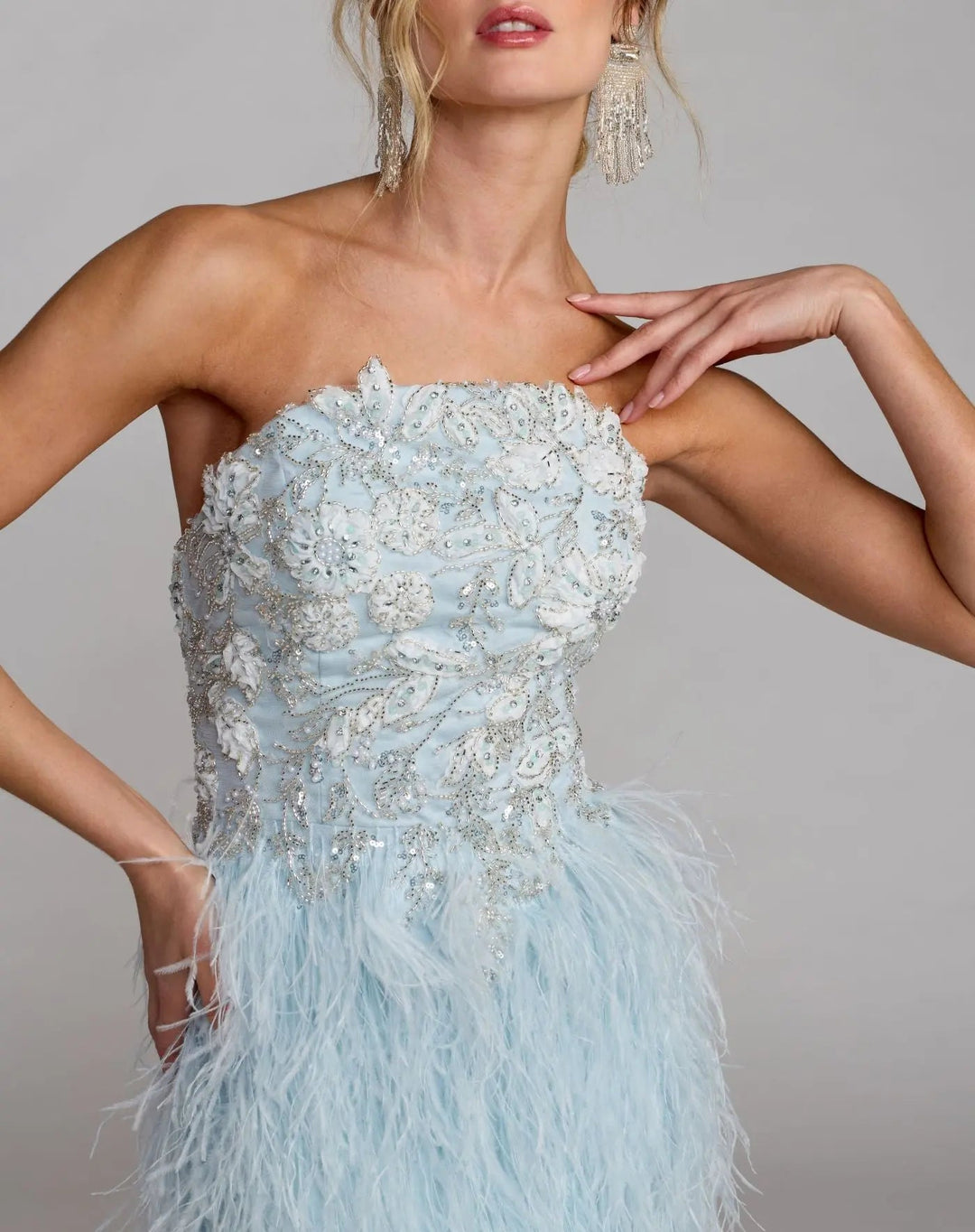 Blue Embellished Strapless Feather Gown - FOSTANI.com