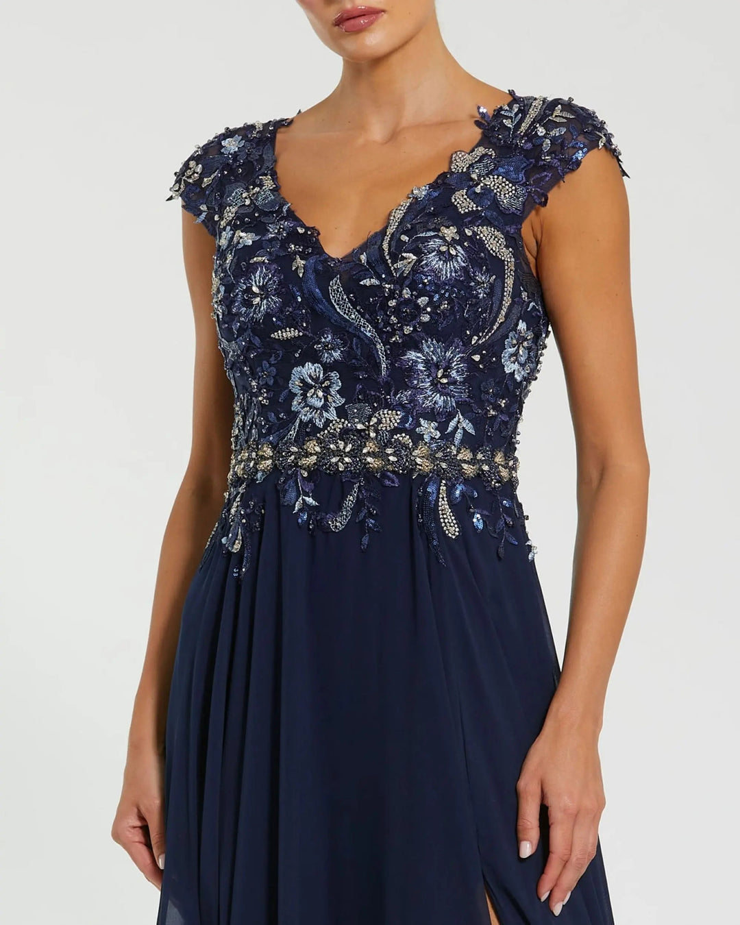 Mac Duggal 79365 Navy Embellished Chiffon Cap Sleeve A-Line Gown