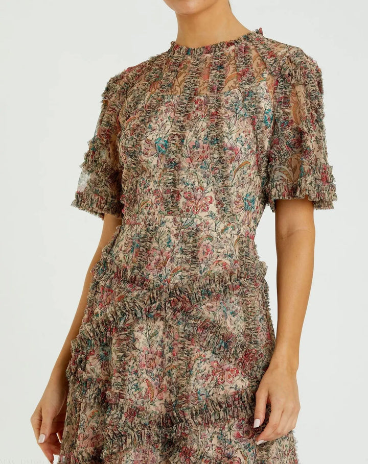 Beige Floral Midi Dress with Ruffle Detailing - FOSTANI.com