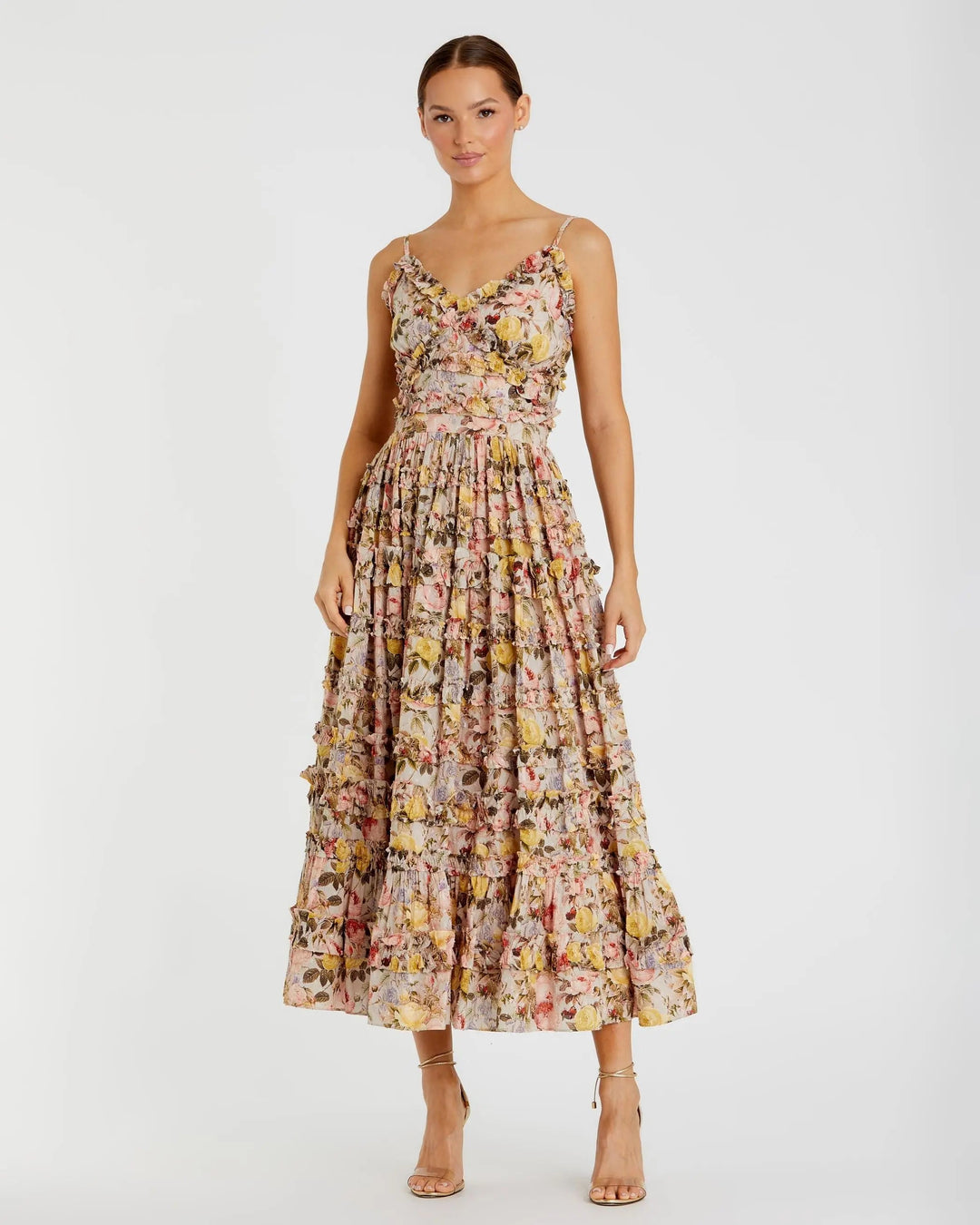 Beige Floral Printed Micro Ruffle Cotton Midi Dress - FOSTANI.com