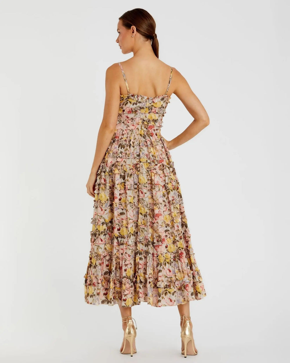 Beige Floral Printed Micro Ruffle Cotton Midi Dress - FOSTANI.com