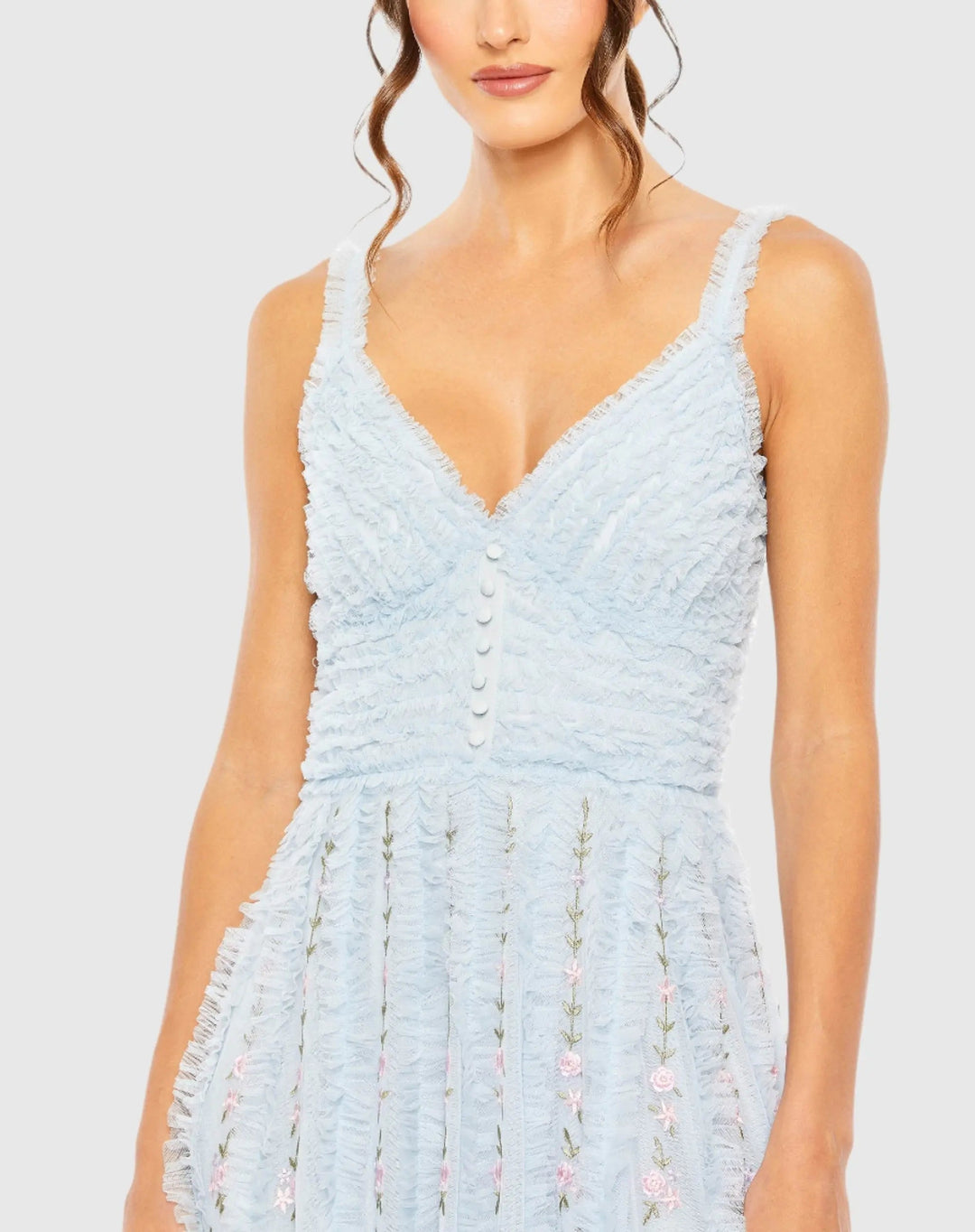 Mac Duggal 8027 Ruffle Floral Embroidered Detail Midi Dress