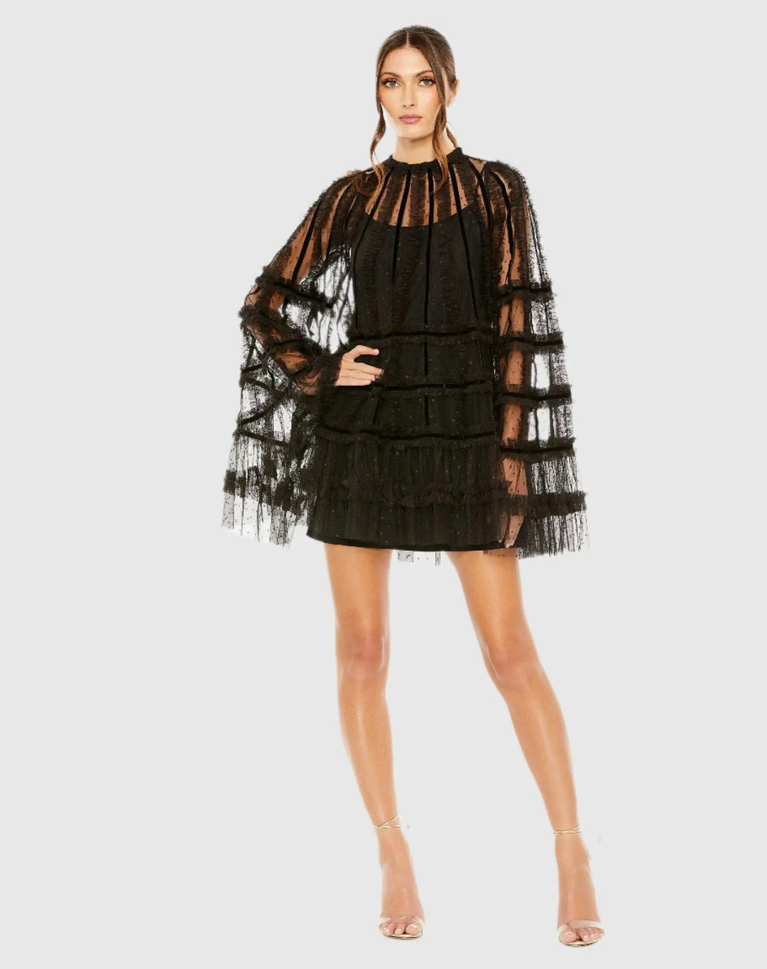 Mac Duggal 8053 High Neck Ruffle Bell Sleeve Trapeze Dress