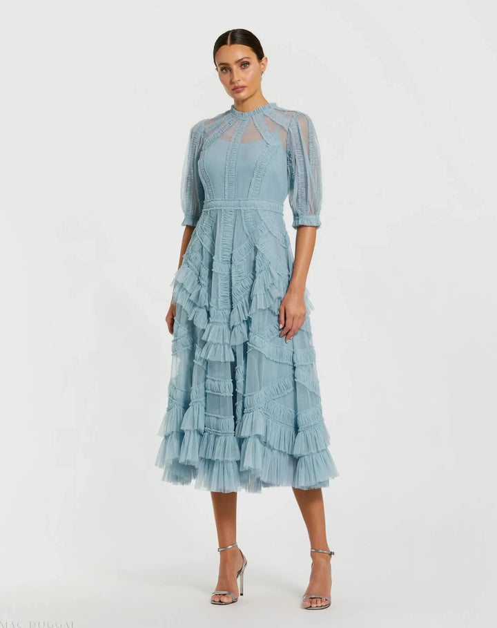 Mac Duggal 998058P High Neck Micro Ruffle Tiered Midi Dress - FOSTANI.com