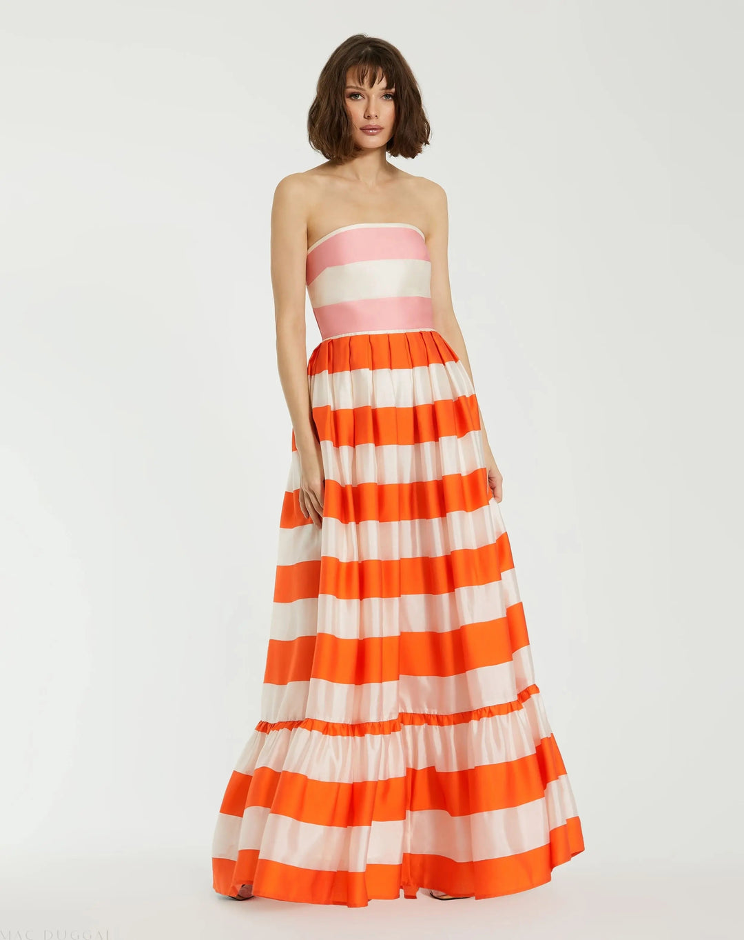 Mac Duggal 81053 Striped Organza Strapless Ruffle Maxi Dress