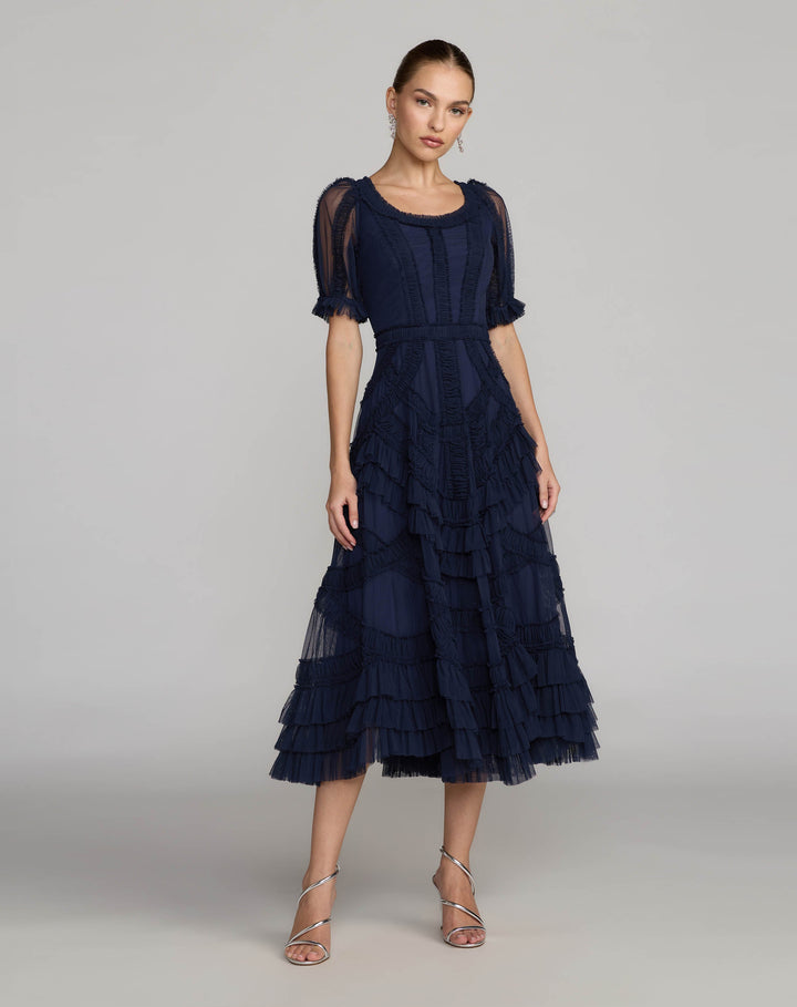 Navy Short Sleeve Micro Ruffle Midi Dress - FOSTANI.com