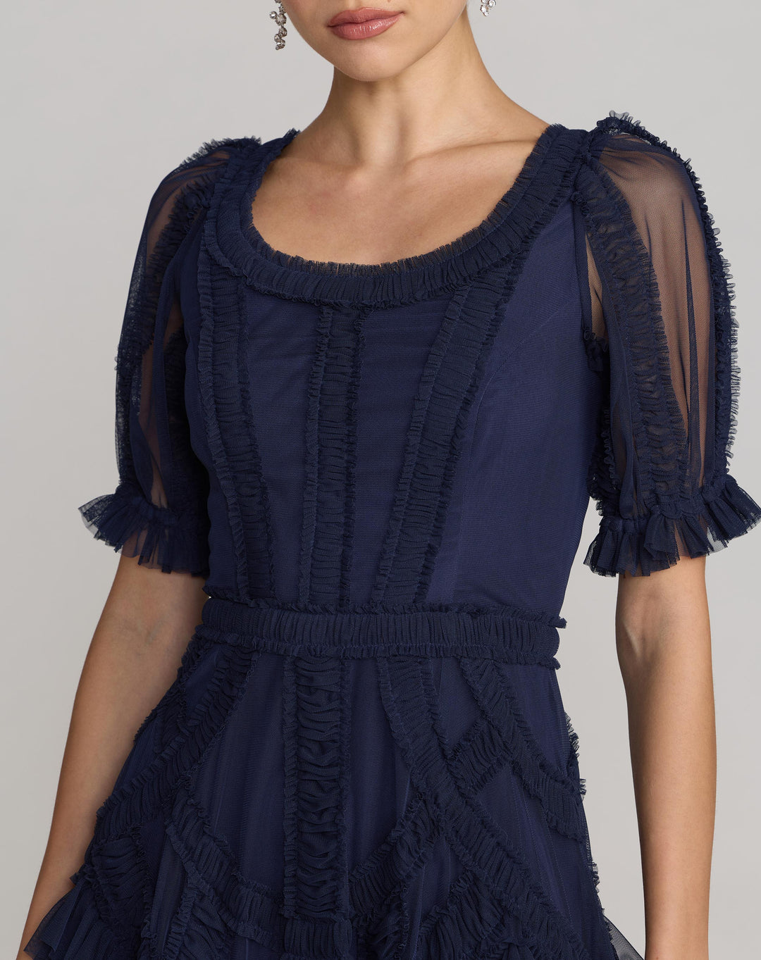 Navy Short Sleeve Micro Ruffle Midi Dress - FOSTANI.com