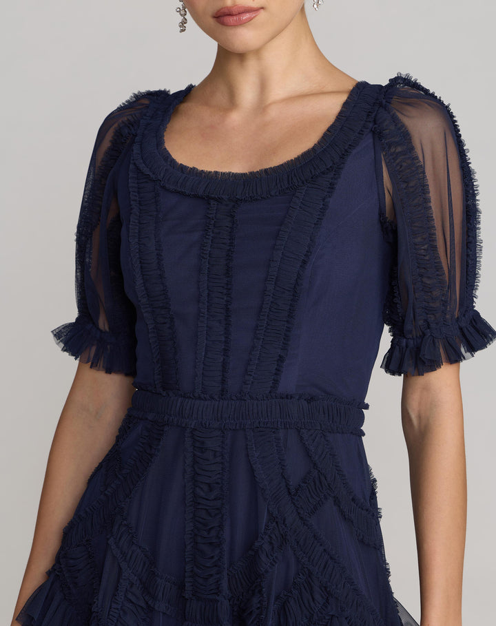 Navy Short Sleeve Micro Ruffle Midi Dress - FOSTANI.com