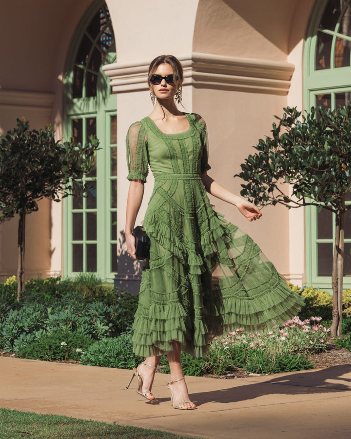 Green Short Sleeve Micro Ruffle Midi Dress - FOSTANI.com