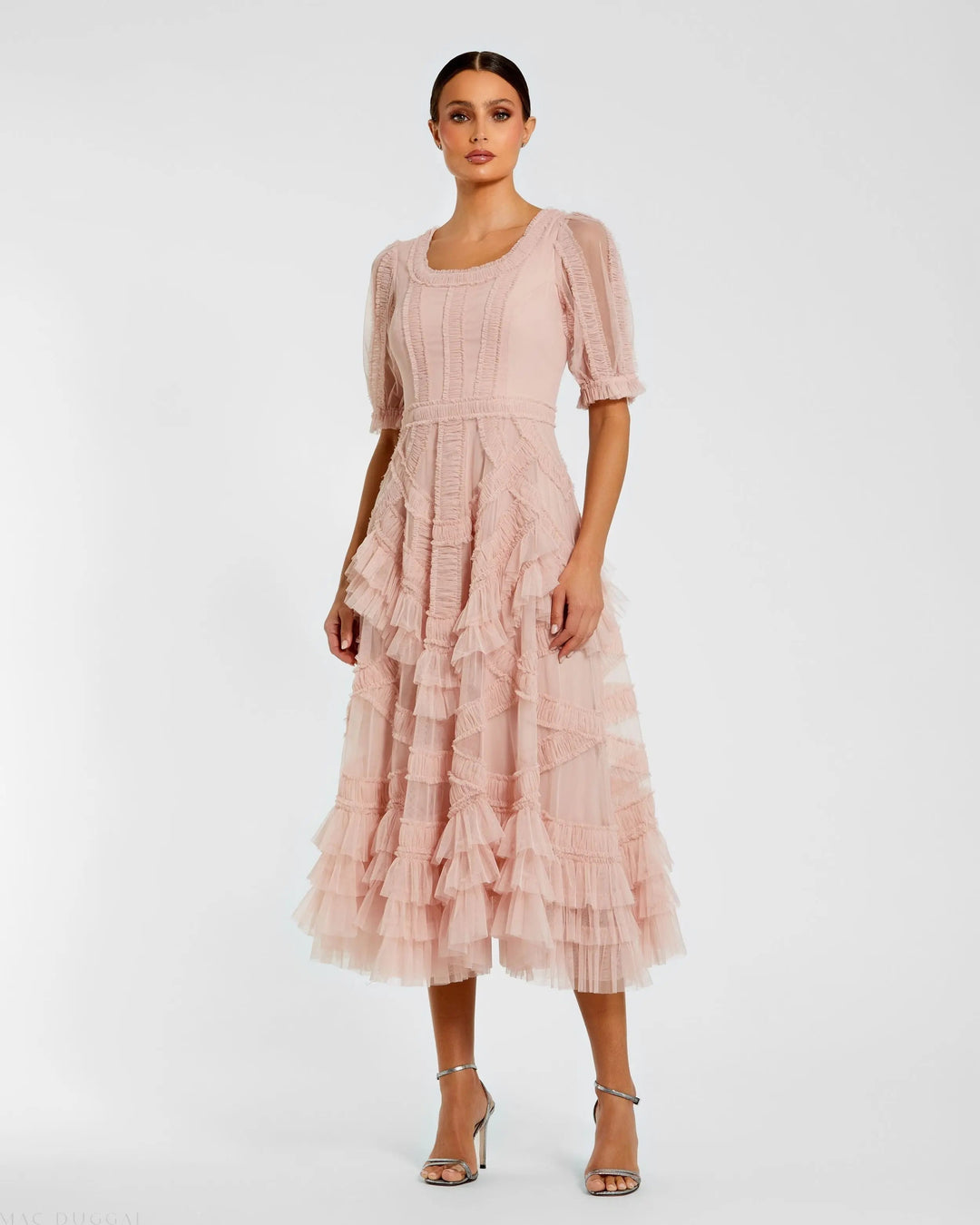 Pink Short Sleeve Micro Ruffle Midi Dress - FOSTANI.com