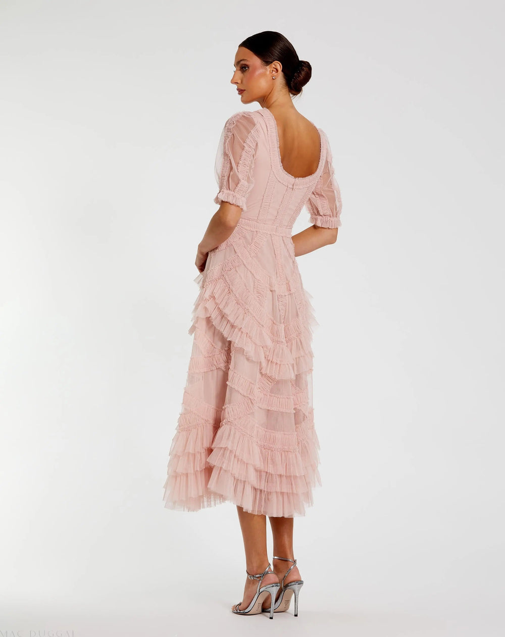 Pink Short Sleeve Micro Ruffle Midi Dress - FOSTANI.com