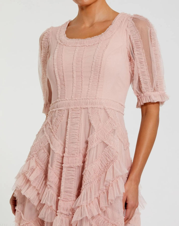 Pink Short Sleeve Micro Ruffle Midi Dress - FOSTANI.com