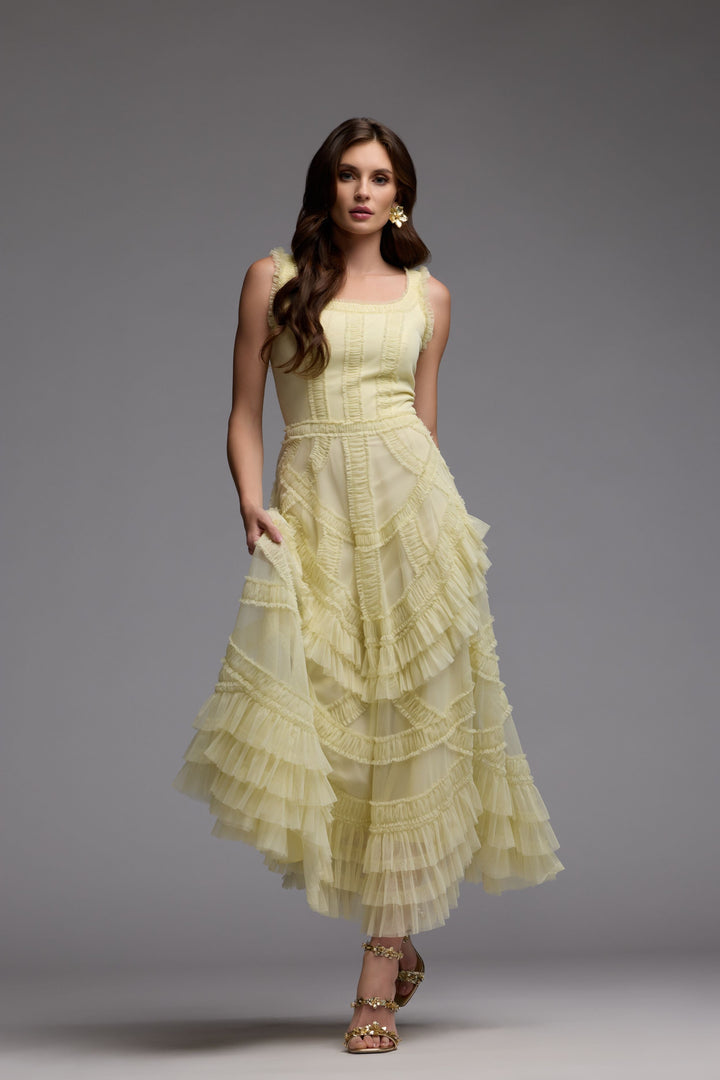 Yellow Scoop Neck Sleeveless Micro Ruffle Midi Dress - FOSTANI.com