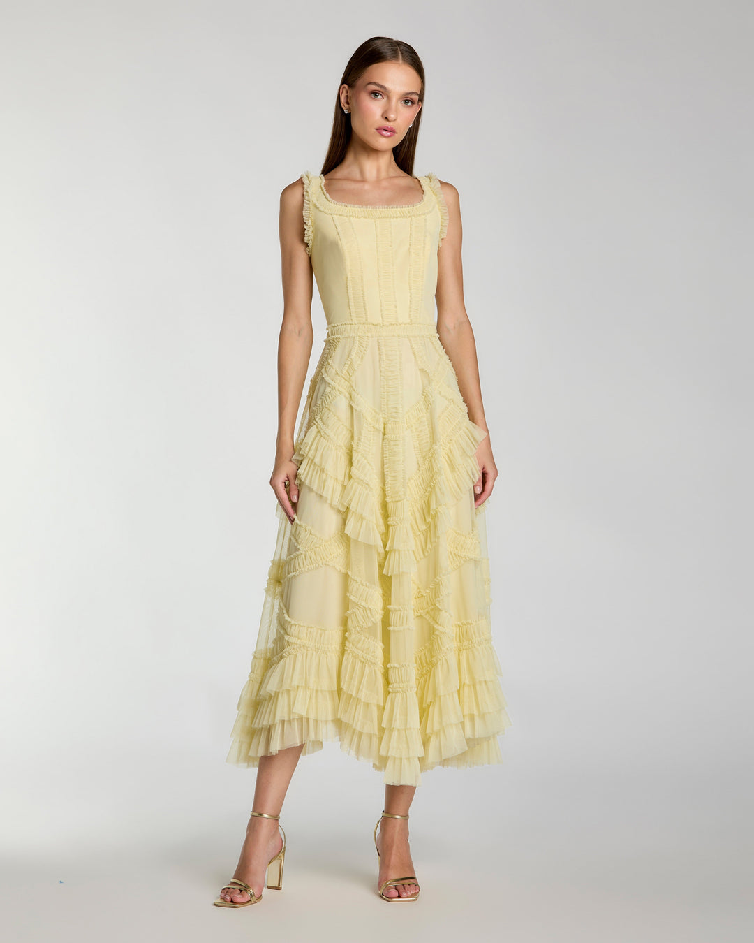 Yellow Scoop Neck Sleeveless Micro Ruffle Midi Dress - FOSTANI.com